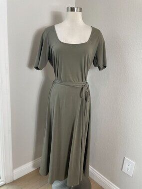 NEW Vince Womens XL Midi Dress Tie Waist Square Neck Short Sleeve in Mineral